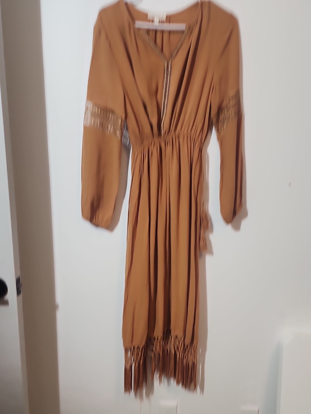 Fringe-Trim Long Sleeve Maxi Dress in Camel